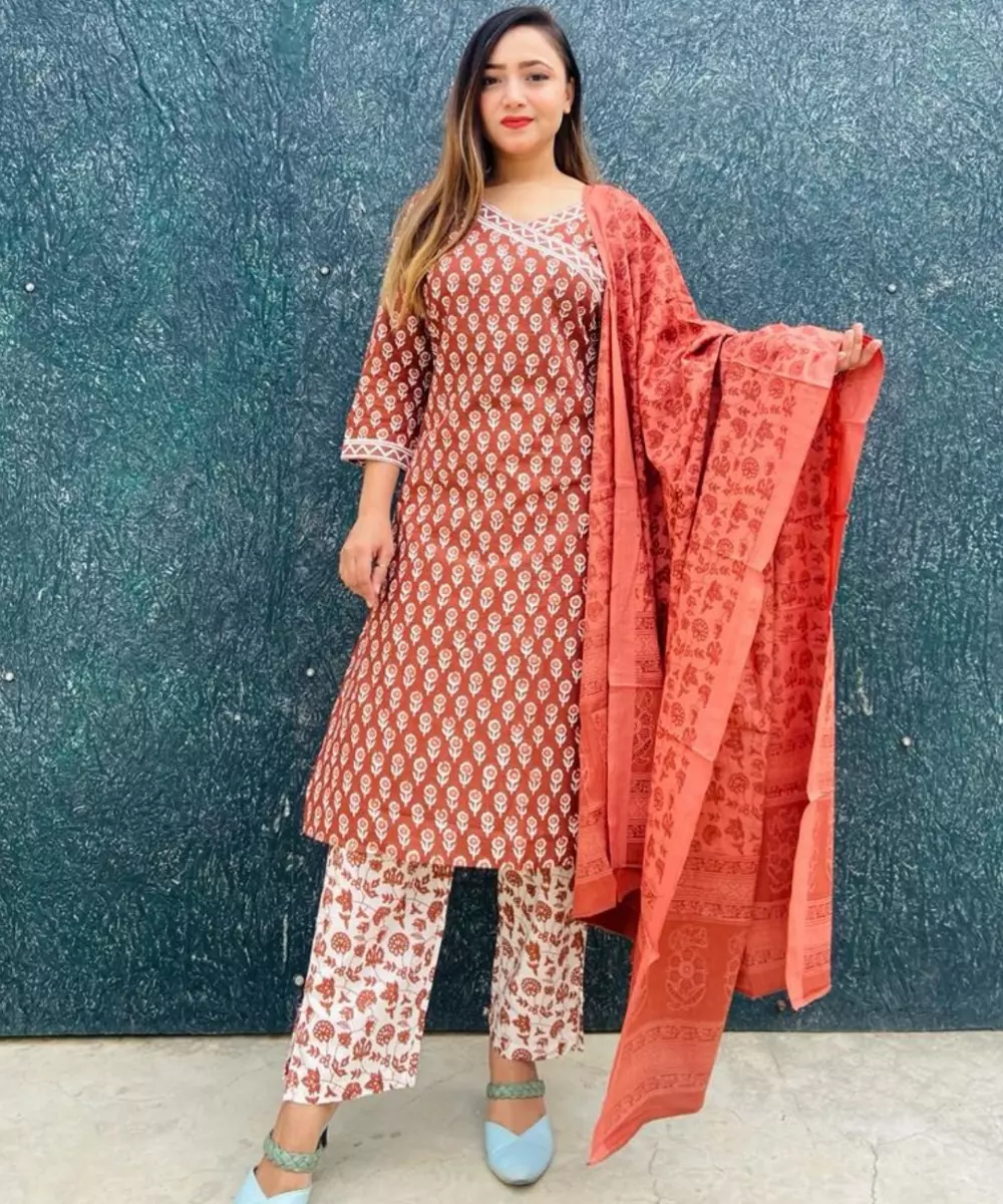 fcity.in - Anni Designer Women Cotton Blend Beige Kurta With Trouser Dupatta  /