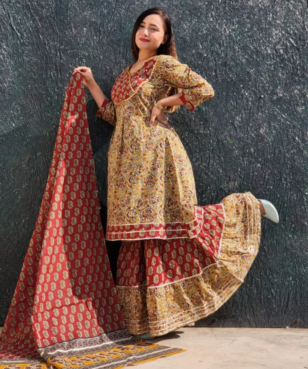 Kalamkari Floral Printed Kurti with Sharara and Dupatta