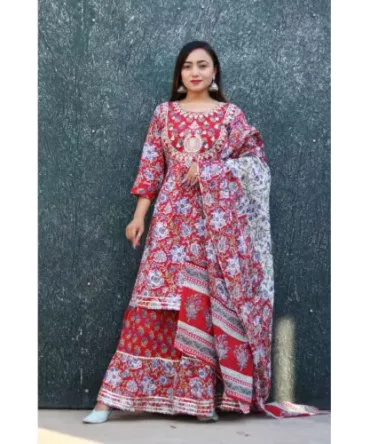 Kalamkari Floral Printed Kurti with Sharara and Dupatta