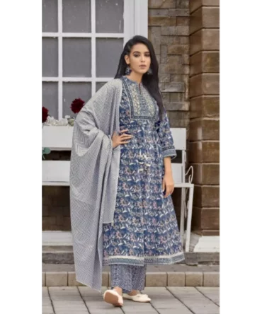 Blue Mal Cotton Kurti, Pant Dupatta set