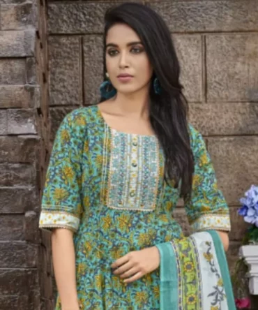 Green Mal Cotton Kurti, Pant and Dupatta