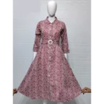 Brown Denim Cotton A-Line Flared Kurti with Belt