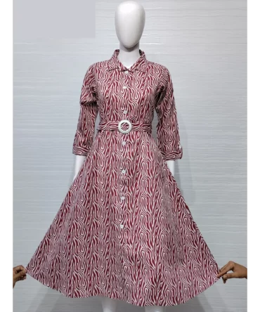 Brown Denim Cotton A-Line Flared Kurti with Belt