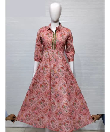 Pink Mul Cotton A-Line Flared kurti with belt
