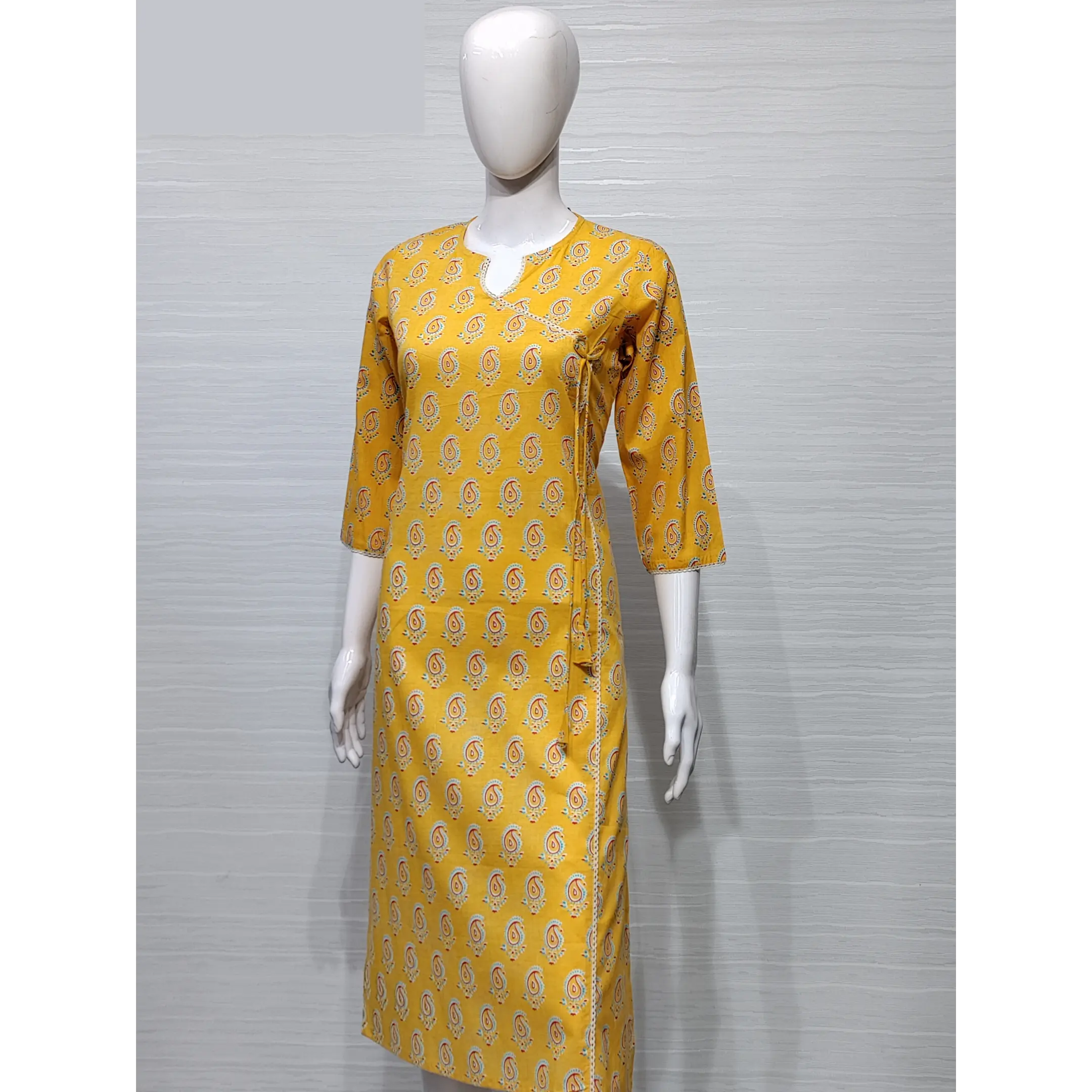 Golden Printed Cotton Angrakha Style Kurti Set in Pastel Green : TGM107-iangel.vn