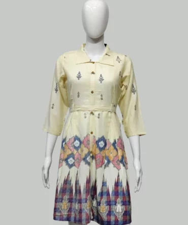 Cream Floral Print Rayon Short Kurti