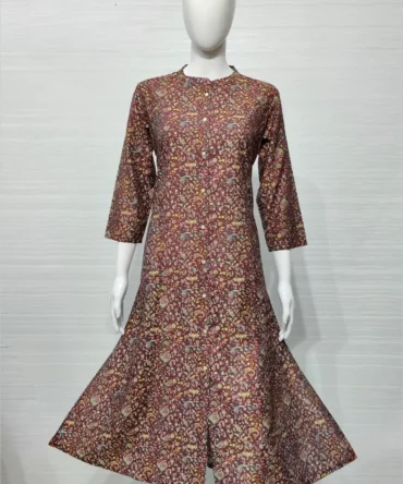 Dark Red Floral Print Bamboo Silk Princess Cut Kurti with Two Side Pocket