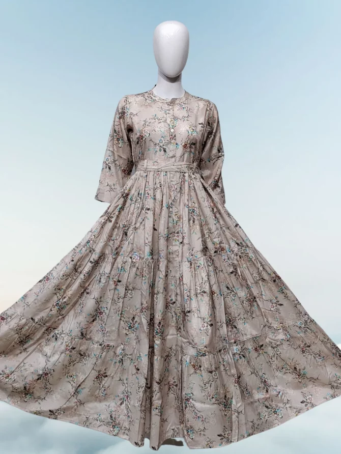 Digital Floral Printed Viscose Silk Flared Gown