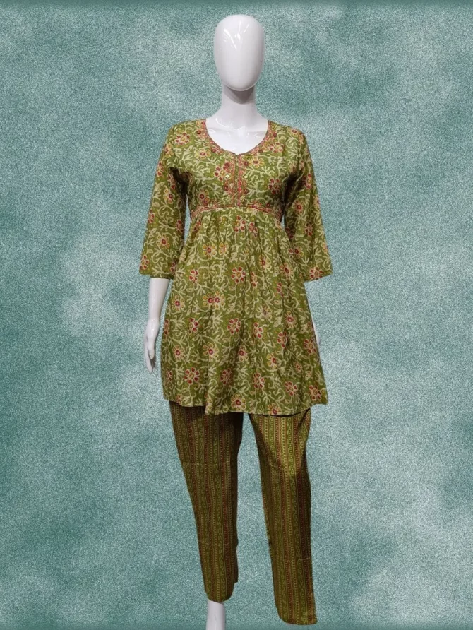 Green Floral Print Muslin Silk Alia Cut Top with Pant