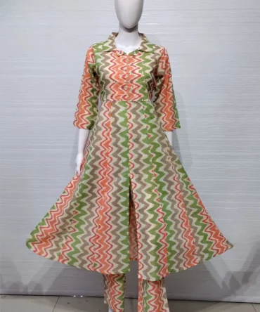 Leheriya Print Cambric Cotton A-Line Kurti with Pant