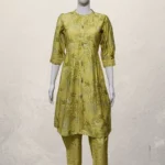 Lime Yellow Floral Print Bamboo Silk Kurti with Pant