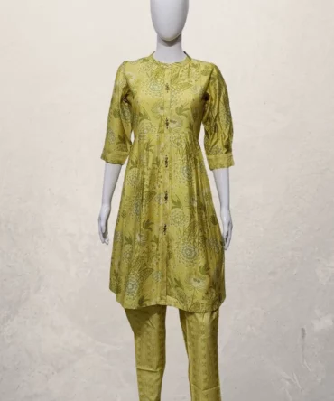 Lime Yellow Floral Print Bamboo Silk Kurti with Pant