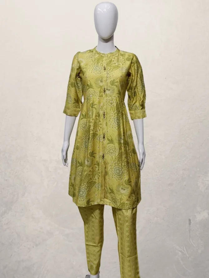 Lime Yellow Floral Print Bamboo Silk Kurti with Pant