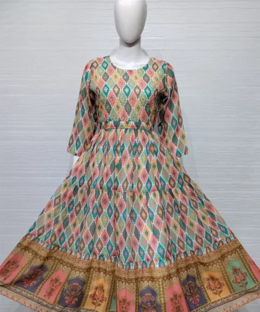 Multi Colour Muslin Silk Flared Gown