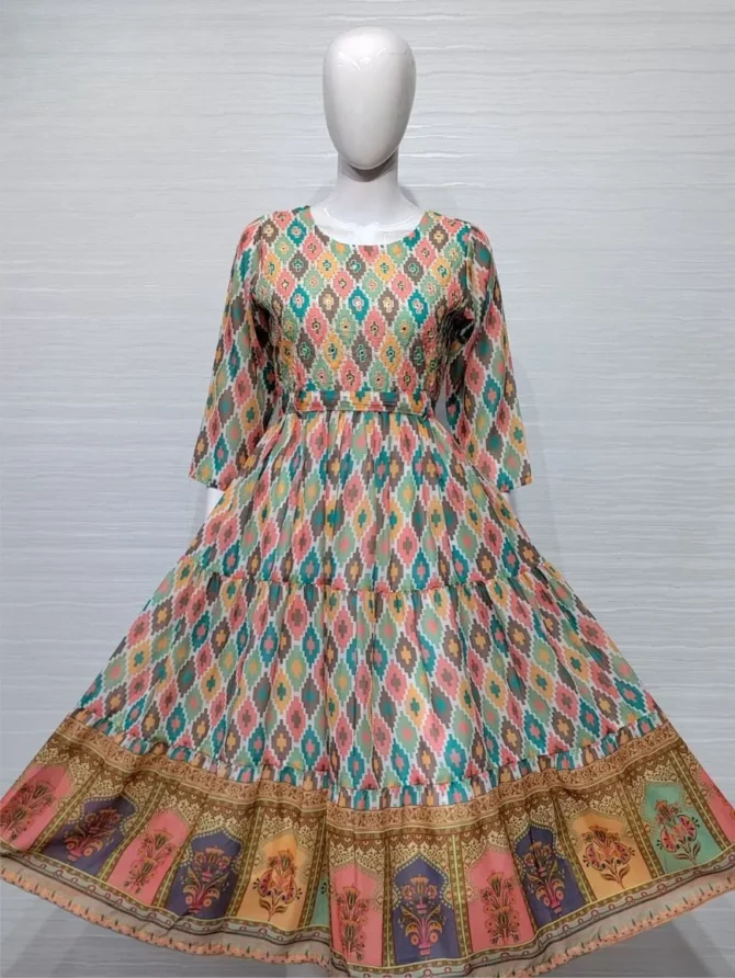 Multi Colour Muslin Silk Flared Gown
