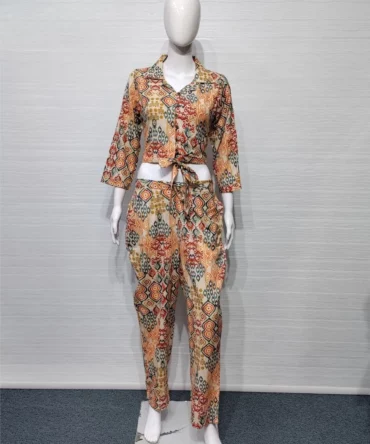Multicolor Cotton Flex Crop Top with Pant Co-ord Set