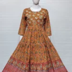 Mustard Colour Floral Print Muslin Silk Flared Gown