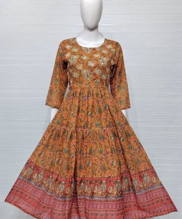 Mustard Colour Floral Print Muslin Silk Flared Gown