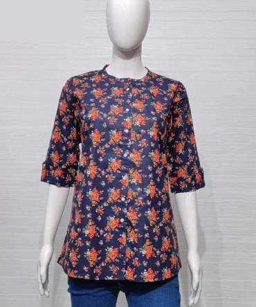 Navy Blue Floral Print Cotton Short Kurti