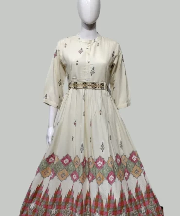 Off White Heavy Rayon Flared Kurti with Embroidered Belt