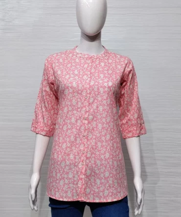Pink Floral Print Cotton Short Kurti