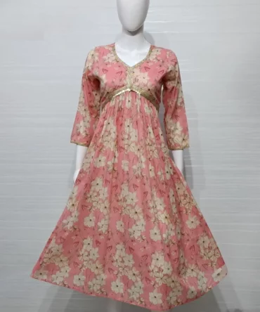 Pink Floral Print Mul Cotton Alia Cut Kurti