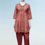 Pink Floral Print Muslin Silk Alia Cut Top with Pant