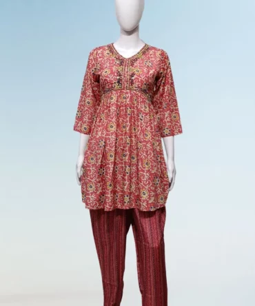 Pink Floral Print Muslin Silk Alia Cut Top with Pant