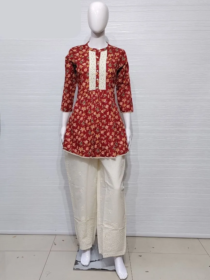 Unique Collection - Check out this party wear hot red cotton short kurti + palazzo  set 😍 . . . . . . . DM us to shop 🛍️ New stock arrive
