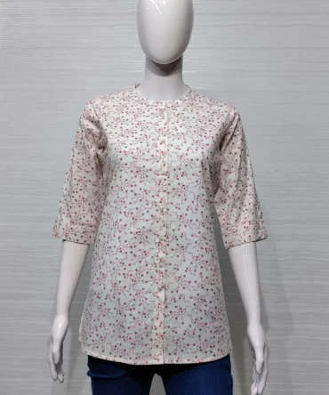 White Floral Print Cotton Short Kurti