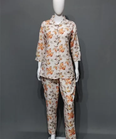 White Floral Print Muslin Slub Co-ord Set