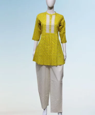 Yellow Cotton Short Kurti with Chikankari Palazzo