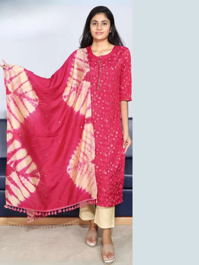 Rani Pink Colour Readymade Large Size Tissue Kurti having Digital Floral  Prints with 3/4th Hand Sleeves