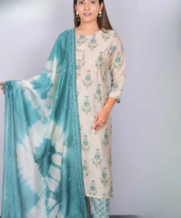 Beige Modal Silk Detailing Work Kurti, Pant, Dupatta