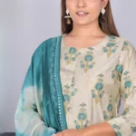 Beige Modal Silk Detailing Work Kurti, Pant, and Dupatta