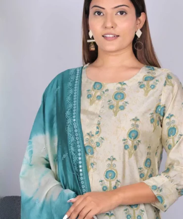 Beige Modal Silk Detailing Work Kurti, Pant, and Dupatta