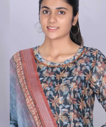 Black Linen Cotton Floral Print Kurti, Pant and Dupatta set