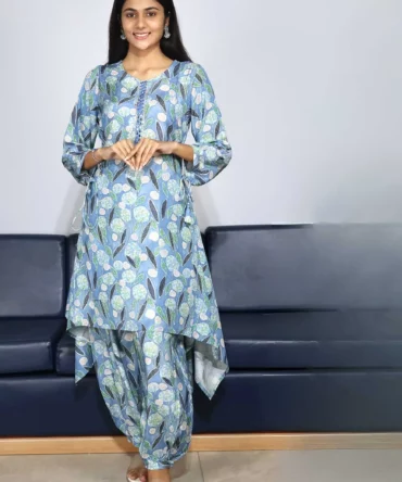 Bluish Gray Viscose Silk Floral Print Kurti, Afghani Pant