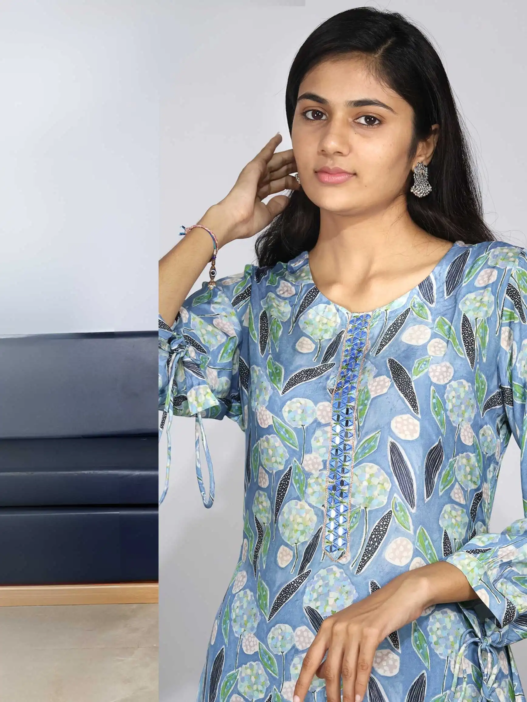 cord set fabric kurti reyon slub blue colour floral print stylish cord set  for women best quality cheap price