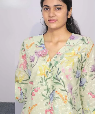 Mint Green Chikankari Cotton Floral Print Kurti with Afgani Pant