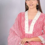 Pink Linen Cotton Printed Kurti, Pant and Dupatta set