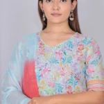 Sky Blue Cotton Sifli Work With Digital Print Kurti, Pant and Dupatta Set