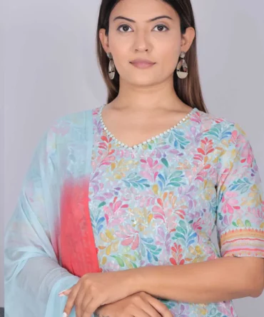 Sky Blue Cotton Sifli Work With Digital Print Kurti, Pant and Dupatta Set