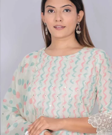 White Mul Cotton With Embroidery Work Kurti, Pant And Dupatta Set