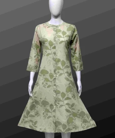 Green Cotton Floral Print A-Line Kurti with Pocket