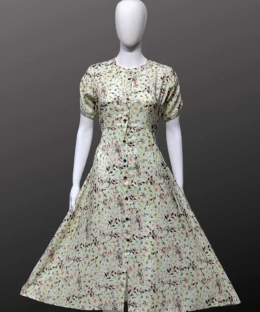 Off White Viscose Silk Floral Print A-Line Kurti with Backside Elastic