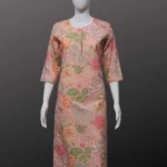 Peach Cotton With Sifli Work Floral Print Straight Kurti