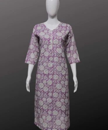 Purple Cotton With Sifli Work Floral Print Straight Kurti