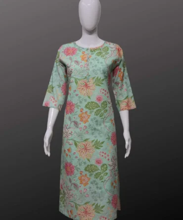 Sea Green Cotton With Sifli Work Floral Print Straight Kurti