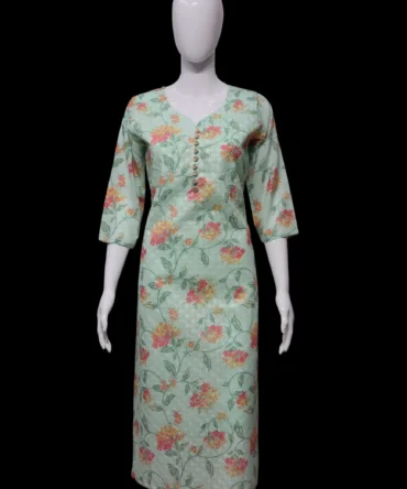 Sky Blue Cotton With Sifli Work Floral Print Straight Kurti